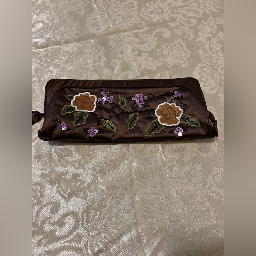 Floral Embroidered Brown Clutch